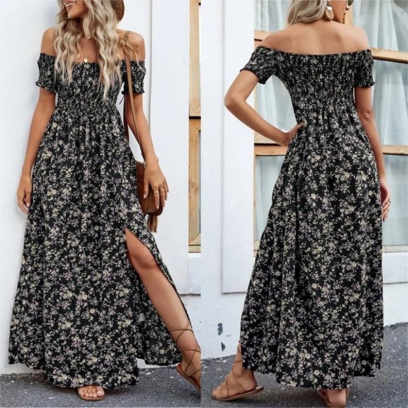 . Dresses & Skirts - Floral High Split Off Shoulder Dress